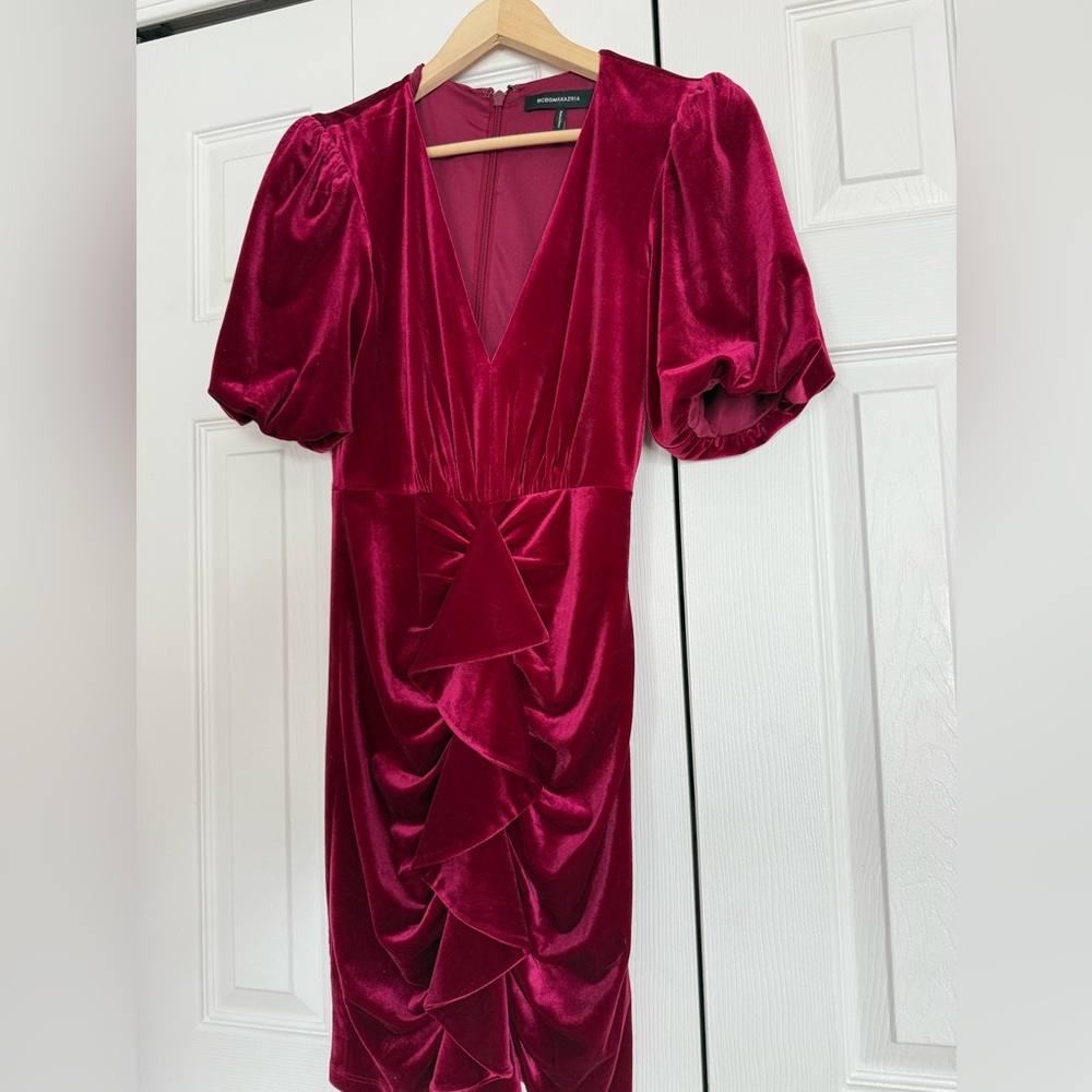 BCBGMaxAzria Velvet Long Sleeve Dress in Deep Red